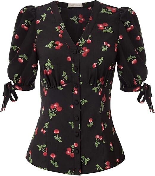 Belle Poque Vintage Puff Sleeve Blouse V Neck Black Tops for Women Work, M