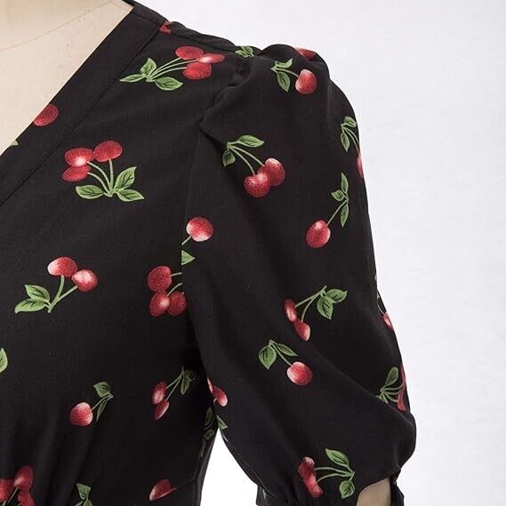 Belle Poque Vintage Puff Sleeve Blouse V Neck Black Tops for Women Work, M