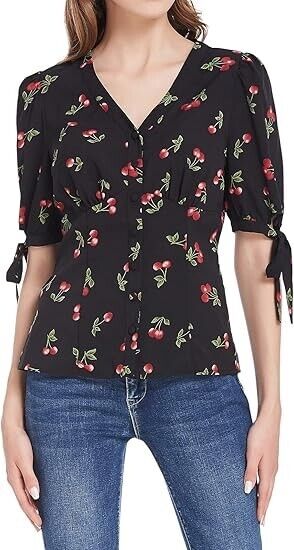 Belle Poque Vintage Puff Sleeve Blouse V Neck Black Tops for Women Work, M