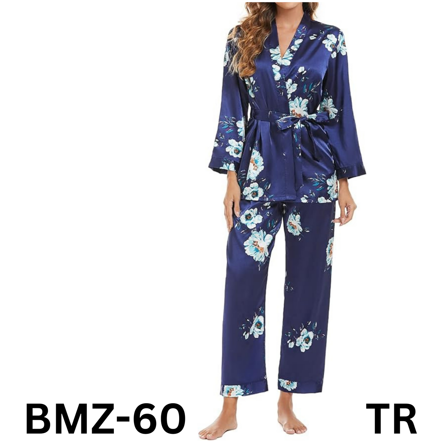 Escalier Women's Silk Satin Pajamas Set 3 Pcs Floral Silky Pj Sets Sleepwear, M