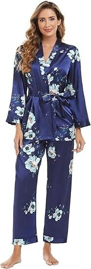 Escalier Women's Silk Satin Pajamas Set 3 Pcs Floral Silky Pj Sets Sleepwear, M