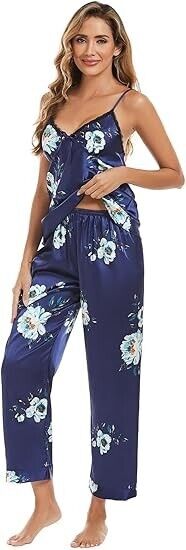 Escalier Women's Silk Satin Pajamas Set 3 Pcs Floral Silky Pj Sets Sleepwear, M