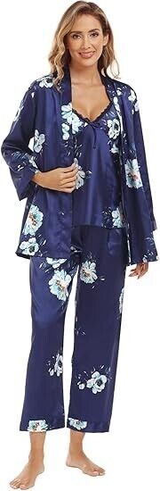 Escalier Women's Silk Satin Pajamas Set 3 Pcs Floral Silky Pj Sets Sleepwear, M