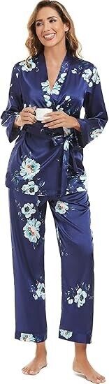 Escalier Women's Silk Satin Pajamas Set 3 Pcs Floral Silky Pj Sets Sleepwear, M