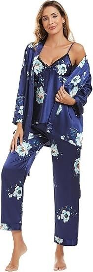Escalier Women's Silk Satin Pajamas Set 3 Pcs Floral Silky Pj Sets Sleepwear, M
