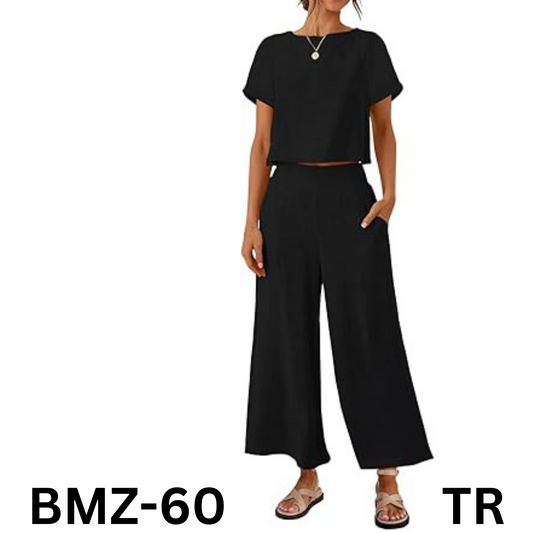 ZESICA Women's 2 Piece Outfits Linen Short Sleeve Crop Top and Wide Leg Pants, S