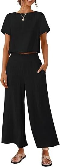 ZESICA Women's 2 Piece Outfits Linen Short Sleeve Crop Top and Wide Leg Pants, S