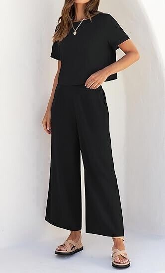 ZESICA Women's 2 Piece Outfits Linen Short Sleeve Crop Top and Wide Leg Pants, S