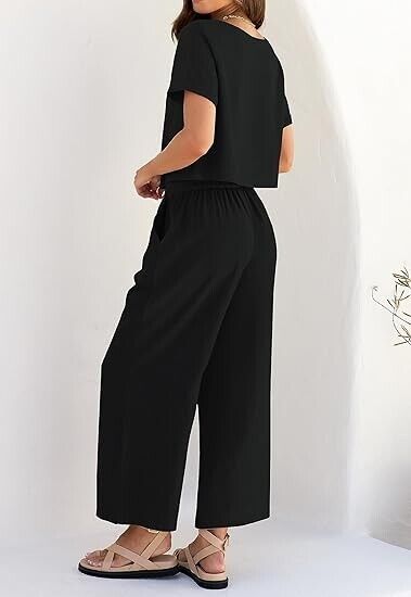 ZESICA Women's 2 Piece Outfits Linen Short Sleeve Crop Top and Wide Leg Pants, S
