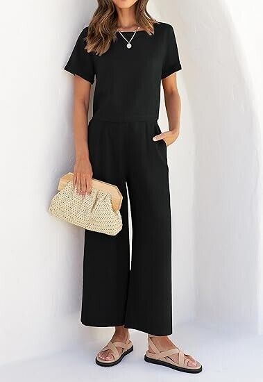 ZESICA Women's 2 Piece Outfits Linen Short Sleeve Crop Top and Wide Leg Pants, S