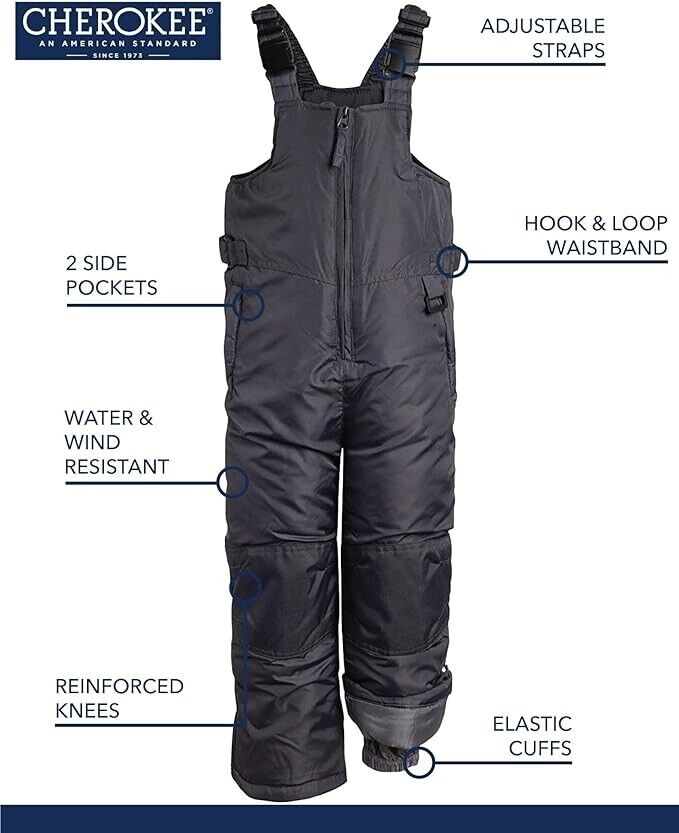 CHEROKEE Kids Snow Bib Boys and Girls Insulated Ski Pants Overalls (4-18), Gray