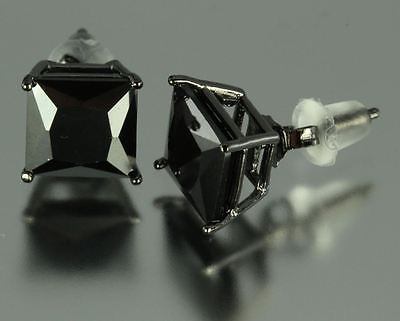 7MM~4.08 CTW~BLACK ON BLACK PRINCESS CUT STERLING SILVER 925 STUD EARRINGS~MXU
