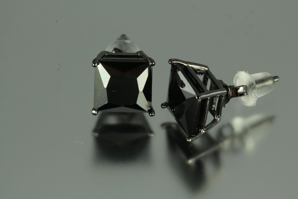 7MM~4.08 CTW~BLACK ON BLACK PRINCESS CUT STERLING SILVER 925 STUD EARRINGS~MXU