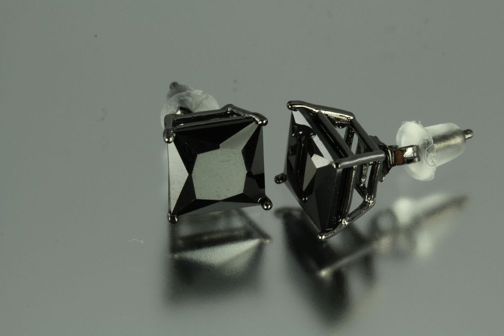 7MM~4.08 CTW~BLACK ON BLACK PRINCESS CUT STERLING SILVER 925 STUD EARRINGS~MXU