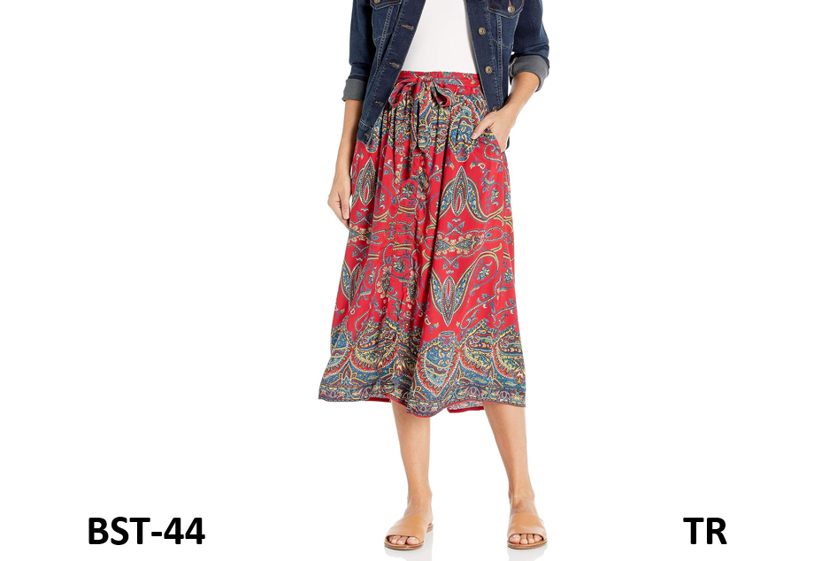 Angie Women's Printed Skirt with Tie Waist, Red, Medium Women Rayon Skirt
