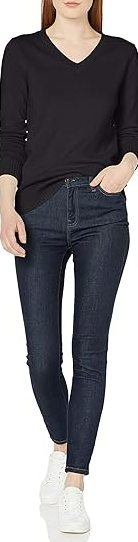 Amazon Essentials Women's 100% Cotton Long-Sleeve V-Neck Sweater Black L