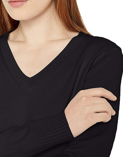 Amazon Essentials Women's 100% Cotton Long-Sleeve V-Neck Sweater Black L