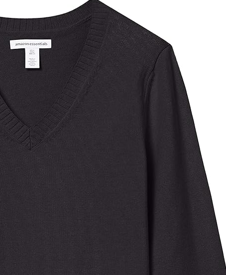 Amazon Essentials Women's 100% Cotton Long-Sleeve V-Neck Sweater Black L