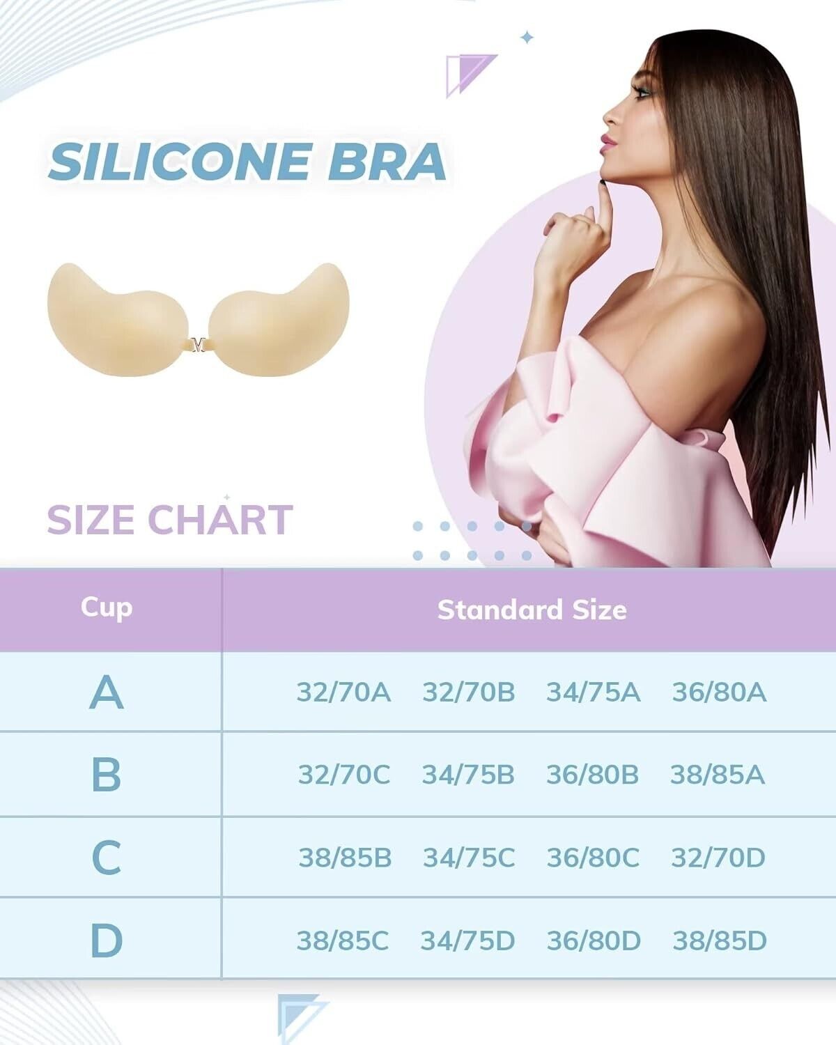 APOWUS Sticky Ultra Thin Invisible Strapless Backless Silicone Bra, Small Cup A