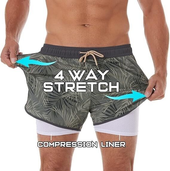 BRISIRA Mens Short Swim Trunks- Compression Liner Retro Vintage Bathing Suit, 34