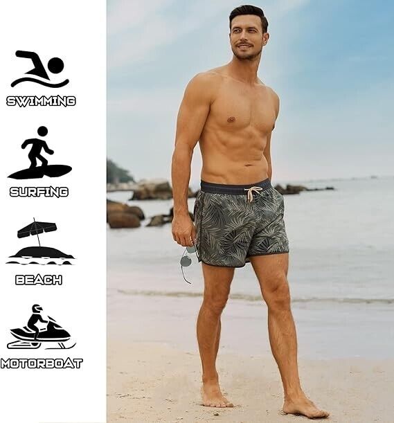 BRISIRA Mens Short Swim Trunks- Compression Liner Retro Vintage Bathing Suit, 34