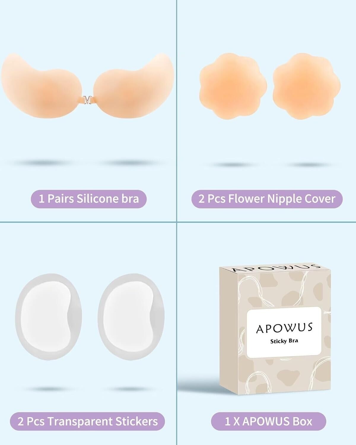 APOWUS Sticky Ultra Thin Invisible Strapless Backless Silicone Bra, Small Cup A