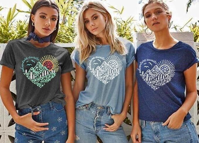Women Adventure Awaits Outdoor Graphic Tee Shirt Kindness Heart Printed Shirt, S