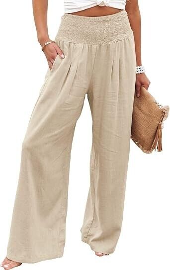 Vansha Women Summer High Waisted Cotton Linen Palazzo Wide Leg Long Pant , L