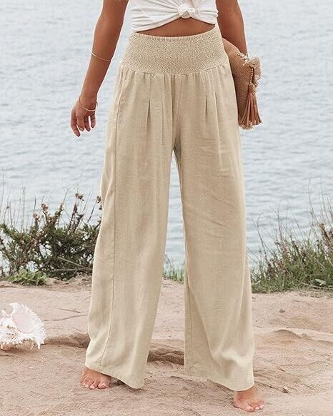 Vansha Women Summer High Waisted Cotton Linen Palazzo Wide Leg Long Pant , L