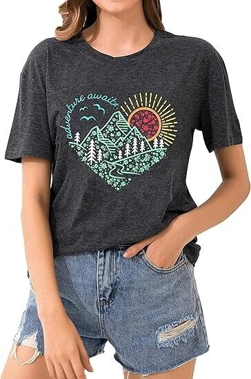 Women Adventure Awaits Outdoor Graphic Tee Shirt Kindness Heart Printed Shirt, S
