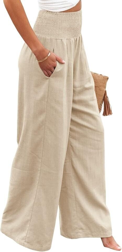 Vansha Women Summer High Waisted Cotton Linen Palazzo Wide Leg Long Pant , L