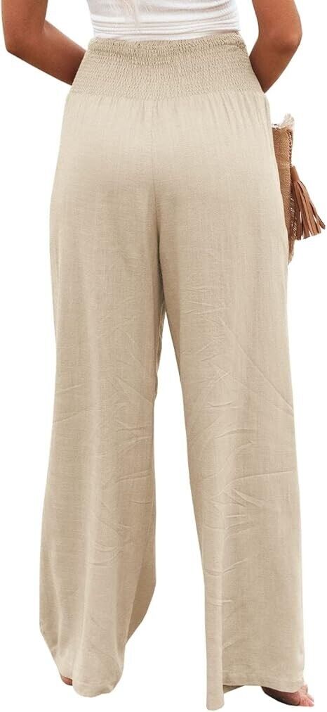 Vansha Women Summer High Waisted Cotton Linen Palazzo Wide Leg Long Pant , L