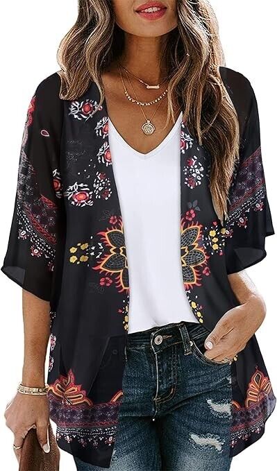 Women Kimonos Beach Cover Up Chiffon Cardigan Floral Blouse LooseFit Cape Top XL