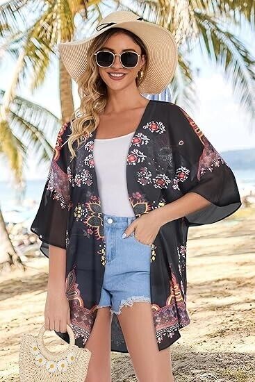 Women Kimonos Beach Cover Up Chiffon Cardigan Floral Blouse LooseFit Cape Top XL