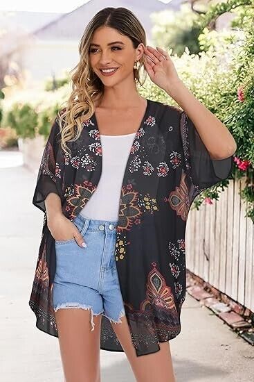 Women Kimonos Beach Cover Up Chiffon Cardigan Floral Blouse LooseFit Cape Top XL