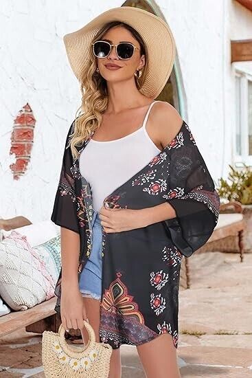 Women Kimonos Beach Cover Up Chiffon Cardigan Floral Blouse LooseFit Cape Top XL