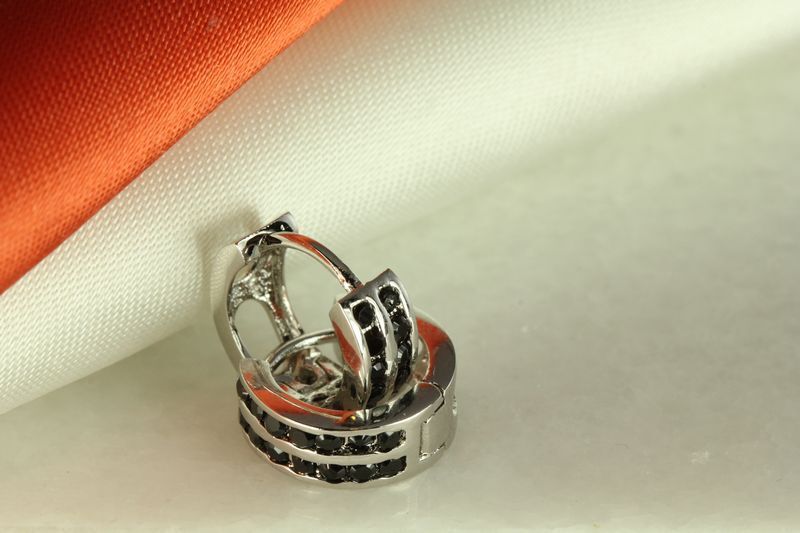 925 STERLING SILVER BLACK CZ SMALL ROUND HUGGIE HOOP EARRINGS~12MM~MH-1