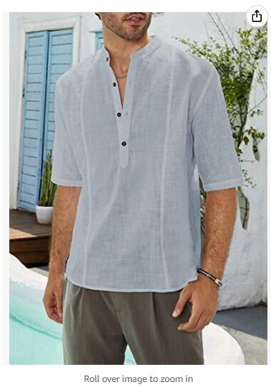 Dokotoo Mens 2022 Cotton Linen T-Shirts Stand Collar Button V Neck Beach Shirts
