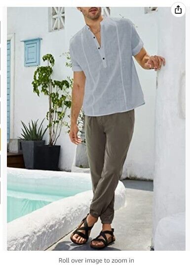 Dokotoo Mens 2022 Cotton Linen T-Shirts Stand Collar Button V Neck Beach Shirts