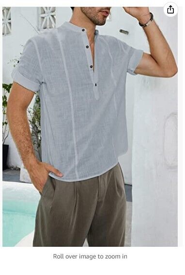 Dokotoo Mens 2022 Cotton Linen T-Shirts Stand Collar Button V Neck Beach Shirts