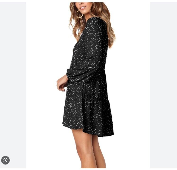 Amoretu Women Black V Neck Polka Dot Long Sleeves Tunic Flowy Swing Dress Size S