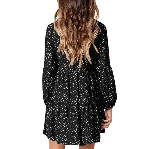 Amoretu Women Black V Neck Polka Dot Long Sleeves Tunic Flowy Swing Dress Size S