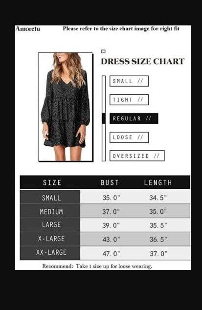 Amoretu Women Black V Neck Polka Dot Long Sleeves Tunic Flowy Swing Dress Size S