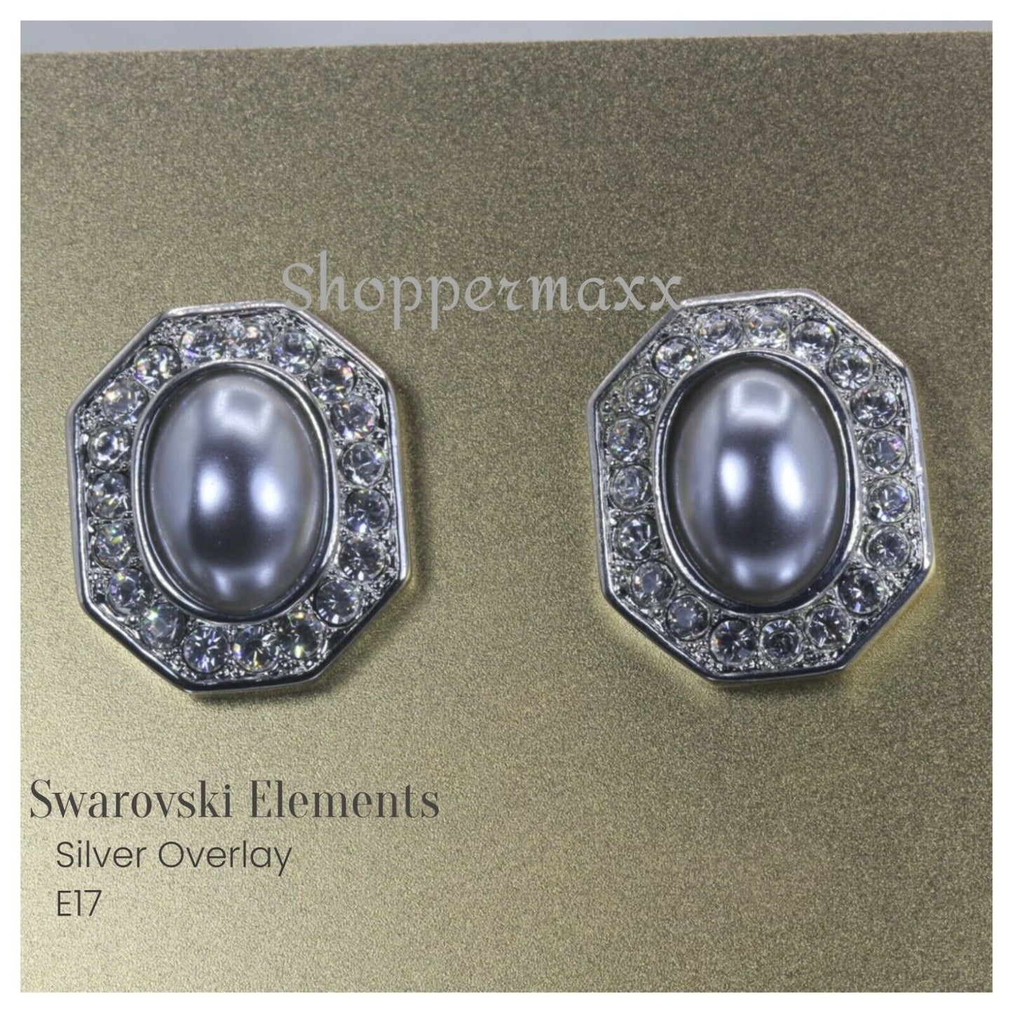 Swarovski Elements Silver Overlay Ornate Grey Pearl Octagon Stud Earrings ~E17
