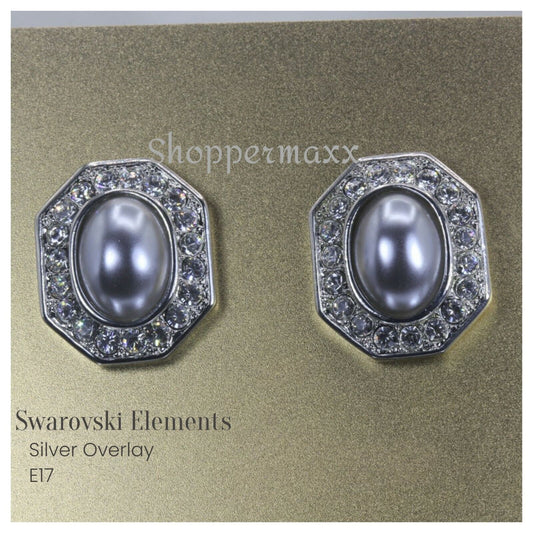 Swarovski Elements Silver Overlay Ornate Grey Pearl Octagon Stud Earrings ~E17