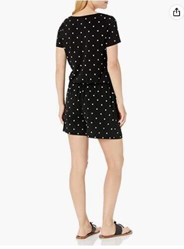 Amazon Essentials Women's Short-Sleeve Scoop Neck Romper Black Dots Small