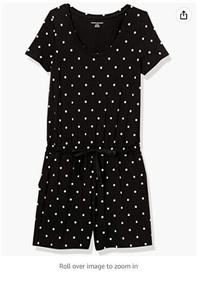 Amazon Essentials Women's Short-Sleeve Scoop Neck Romper Black Dots Small