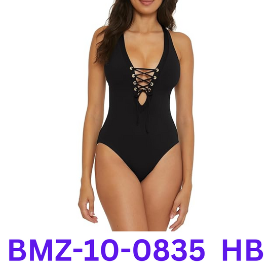 BECCA Modern Edge Corset Lace Up One-Piece plunging neckline, Black, MD