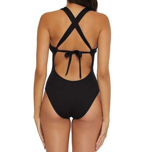 BECCA Modern Edge Corset Lace Up One-Piece plunging neckline, Black, MD