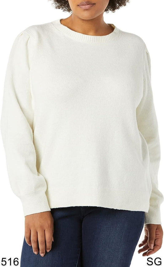 Essentials Women's Soft Touch Pleated Shoulder Crew neck Sweater, Ivory, X-Large
